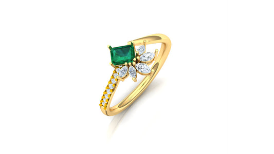 Yellow Gold Emerald CVD and Diamond Flower Cluster Ring