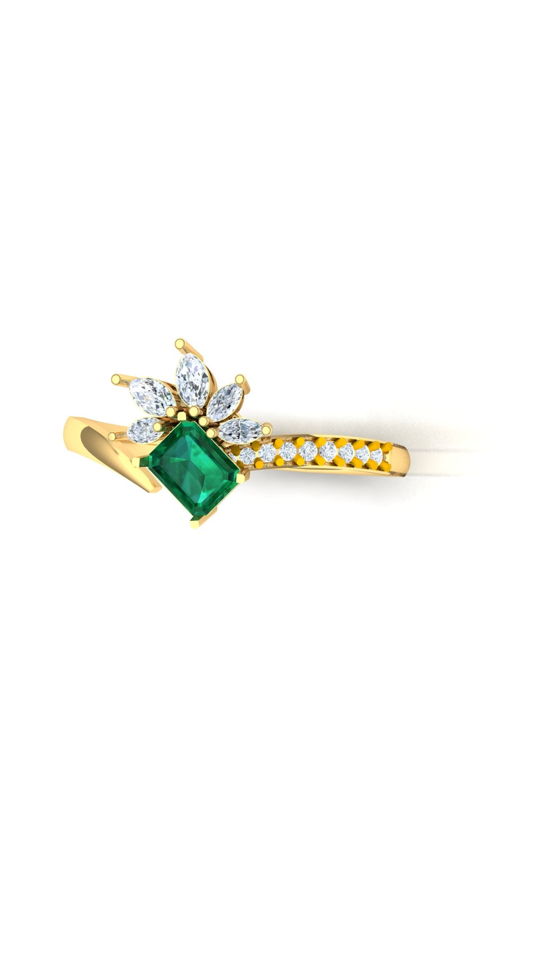 Yellow Gold Emerald CVD and Diamond Flower Cluster Ring