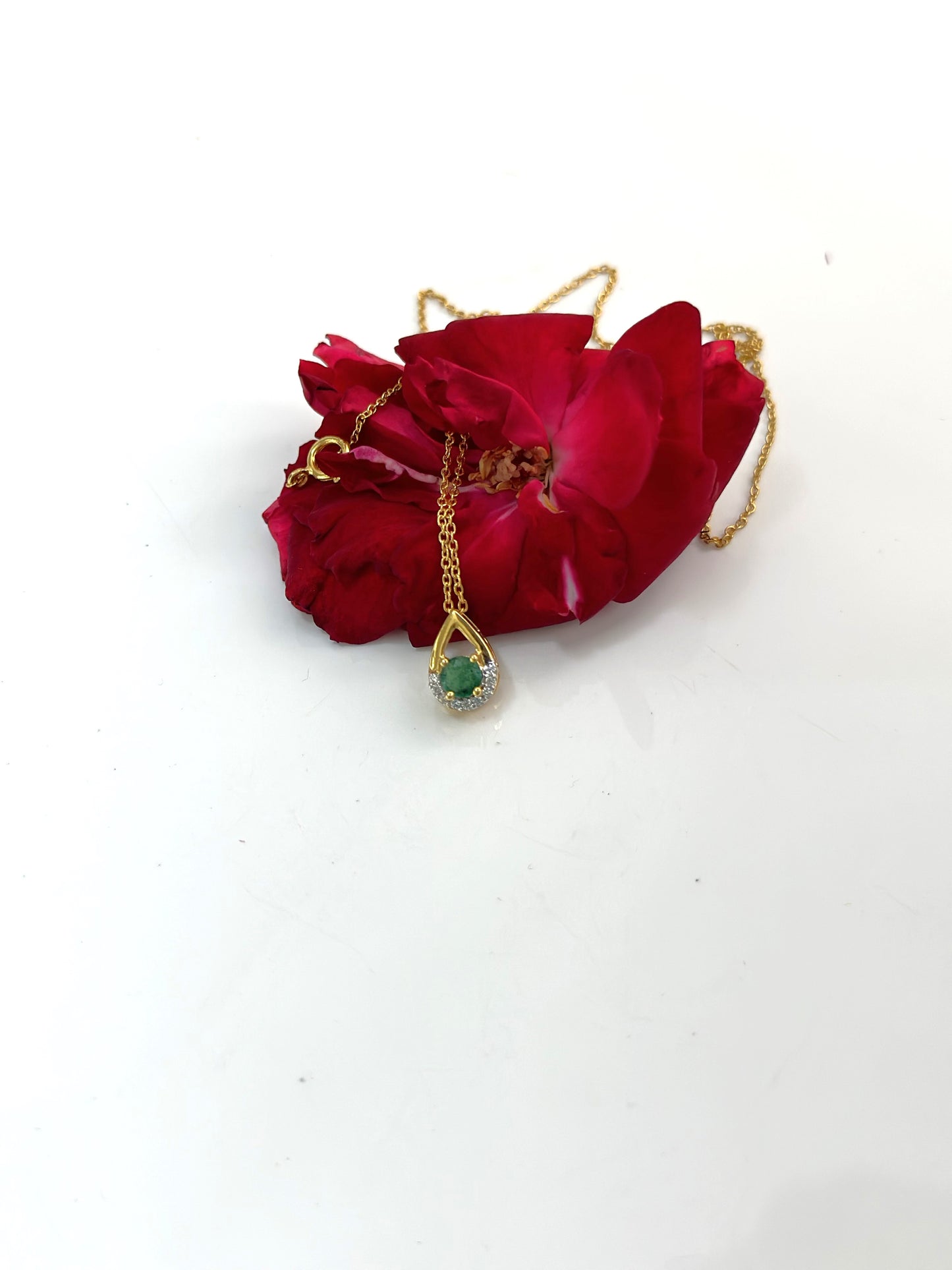Emerald With Diamond Tear Drop Pendant Necklace