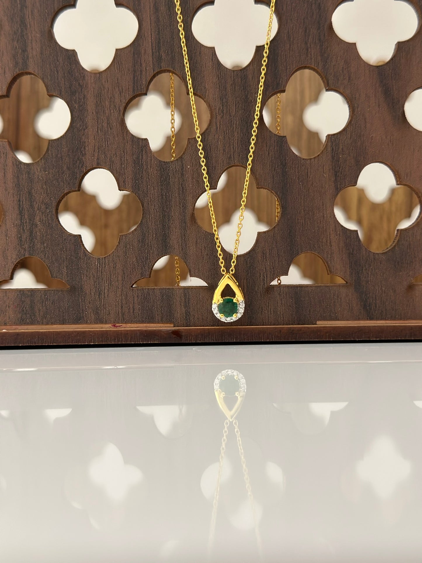 Emerald With Diamond Tear Drop Pendant Necklace