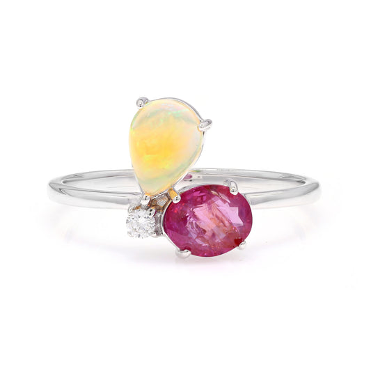 14k White Gold Pear Opal, Oval Ruby & Diamond Ring