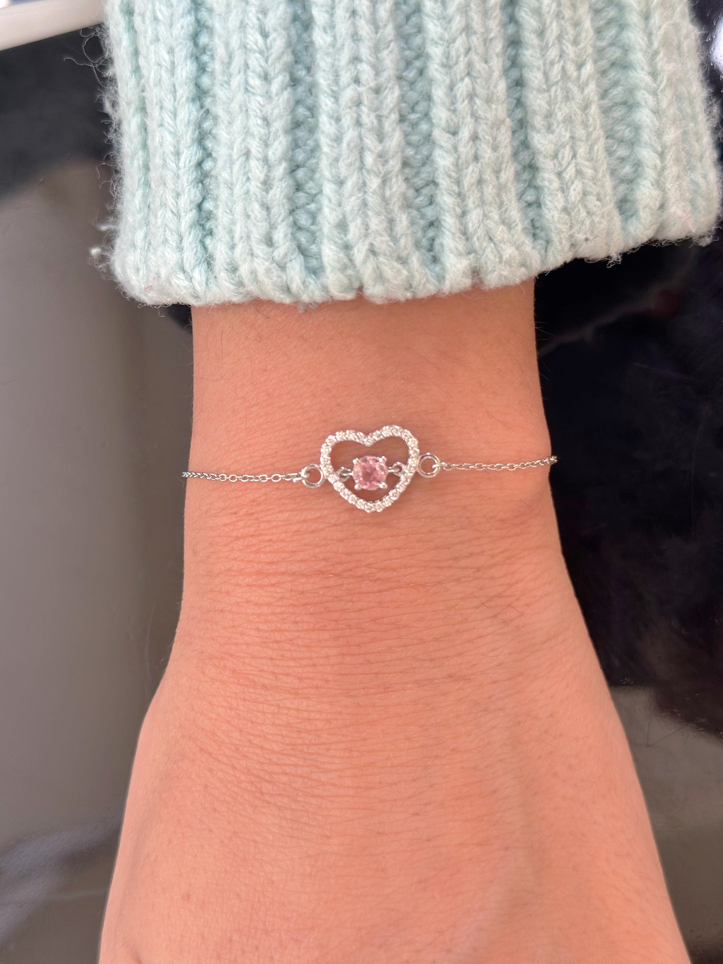 Dainty Diamond & Sapphire Love Heart Charm Bracelet