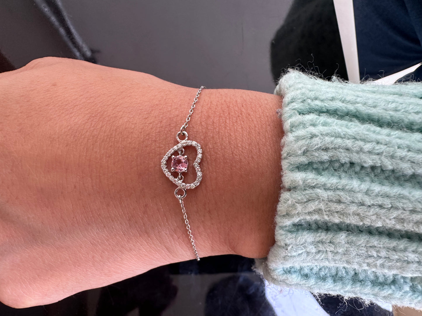 Dainty Diamond & Sapphire Love Heart Charm Bracelet