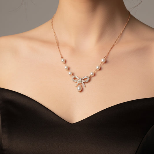 Sailor Bow Golden Diamond Pendant Necklace by Anirudh Jewels