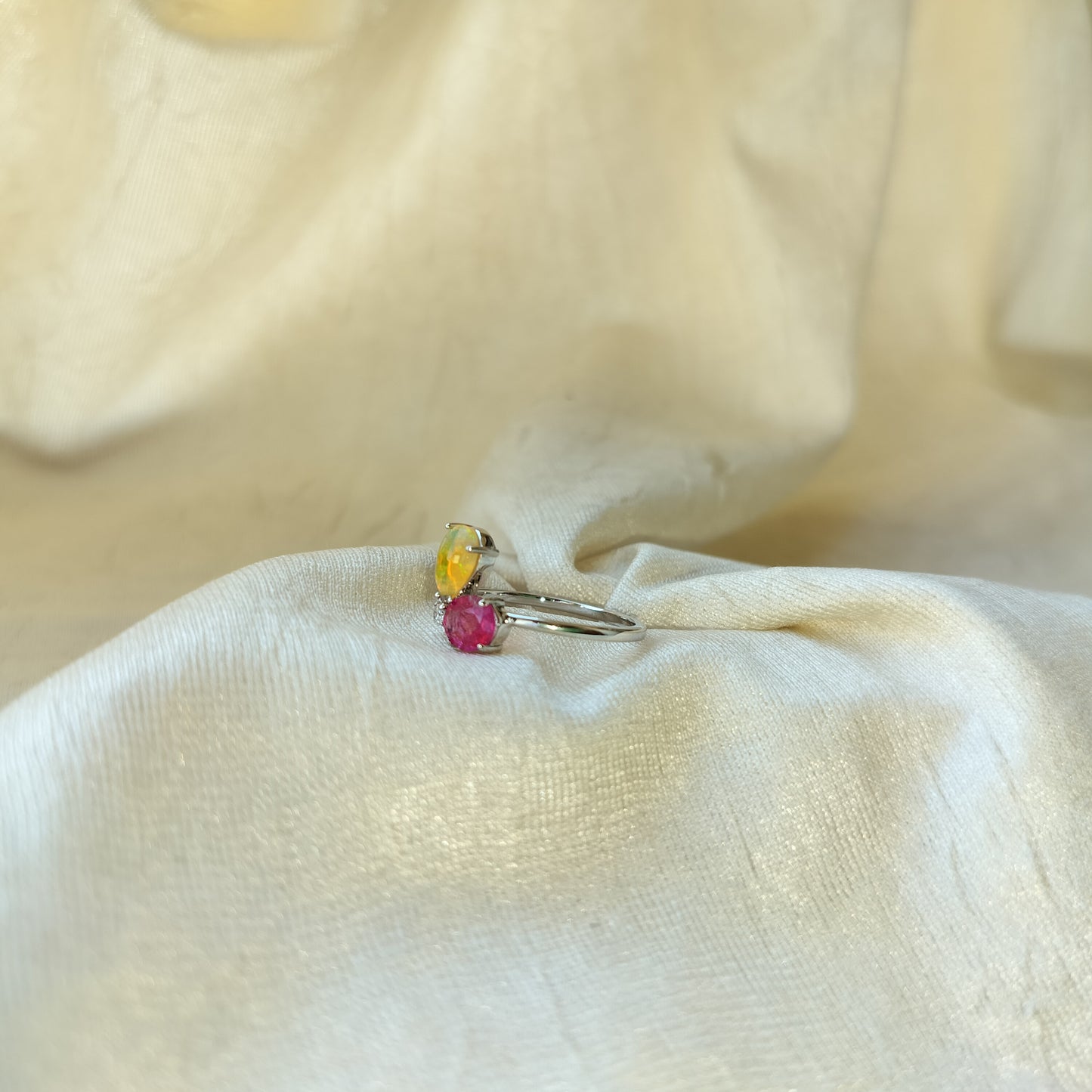14k White Gold Pear Opal, Oval Ruby & Diamond Ring