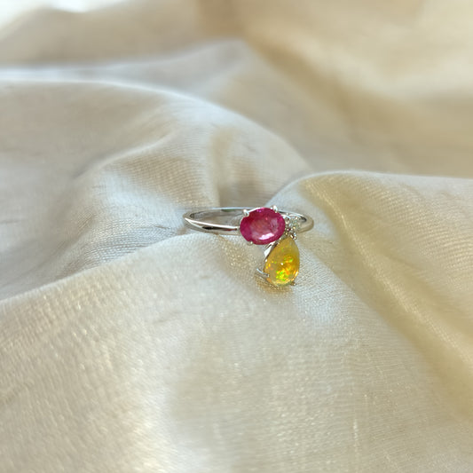 14k White Gold Pear Opal, Oval Ruby & Diamond Ring