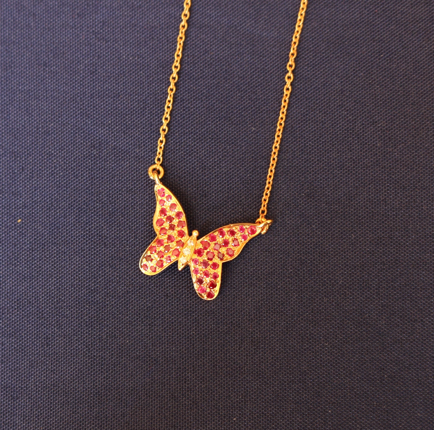 Yellow Gold Pop Ruby Studded Butterfly Pendant Necklace