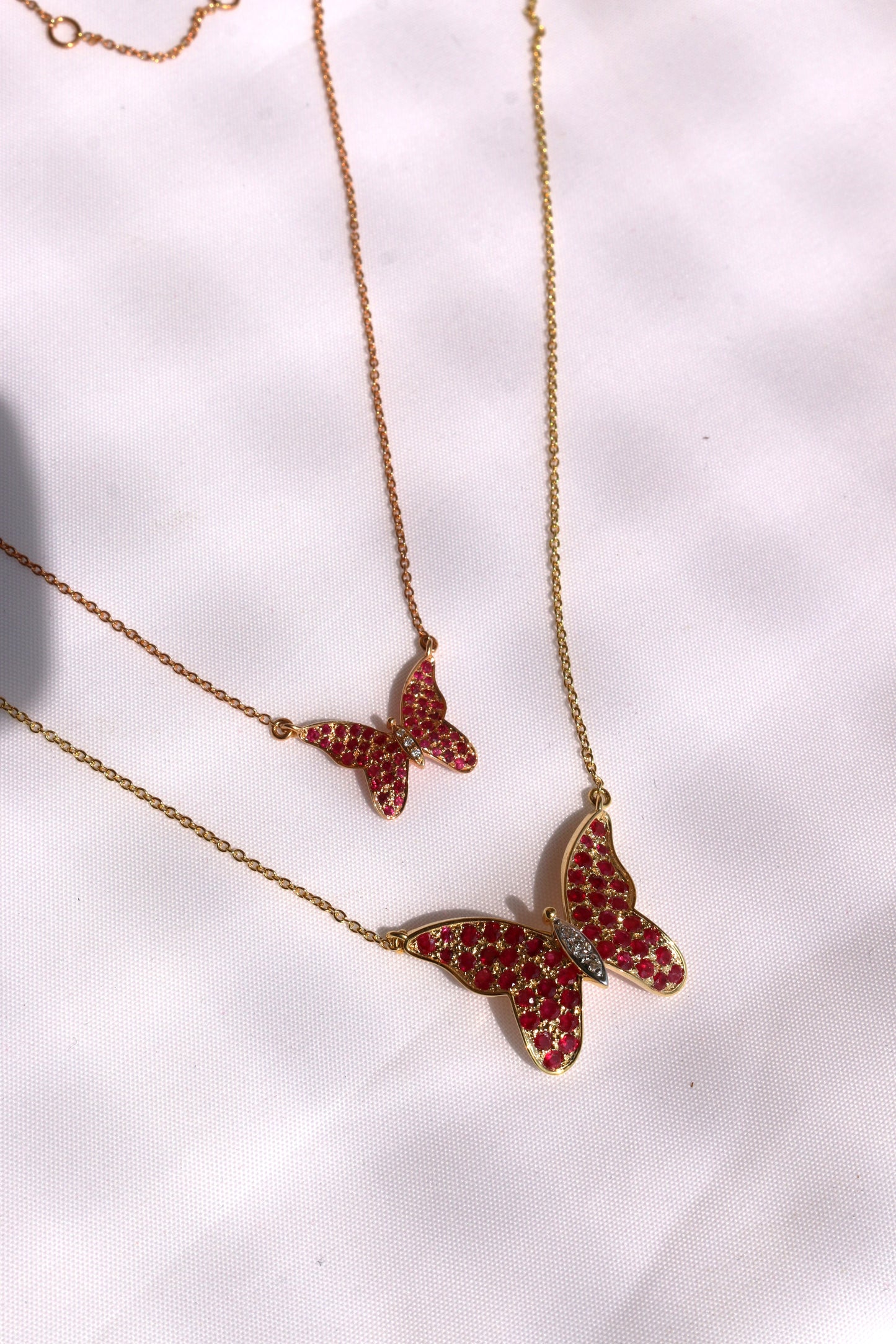 Yellow Gold Pop Ruby Studded Butterfly Pendant Necklace