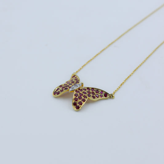 Yellow Gold Ruby and Diamond Butterfly Pendant Necklace