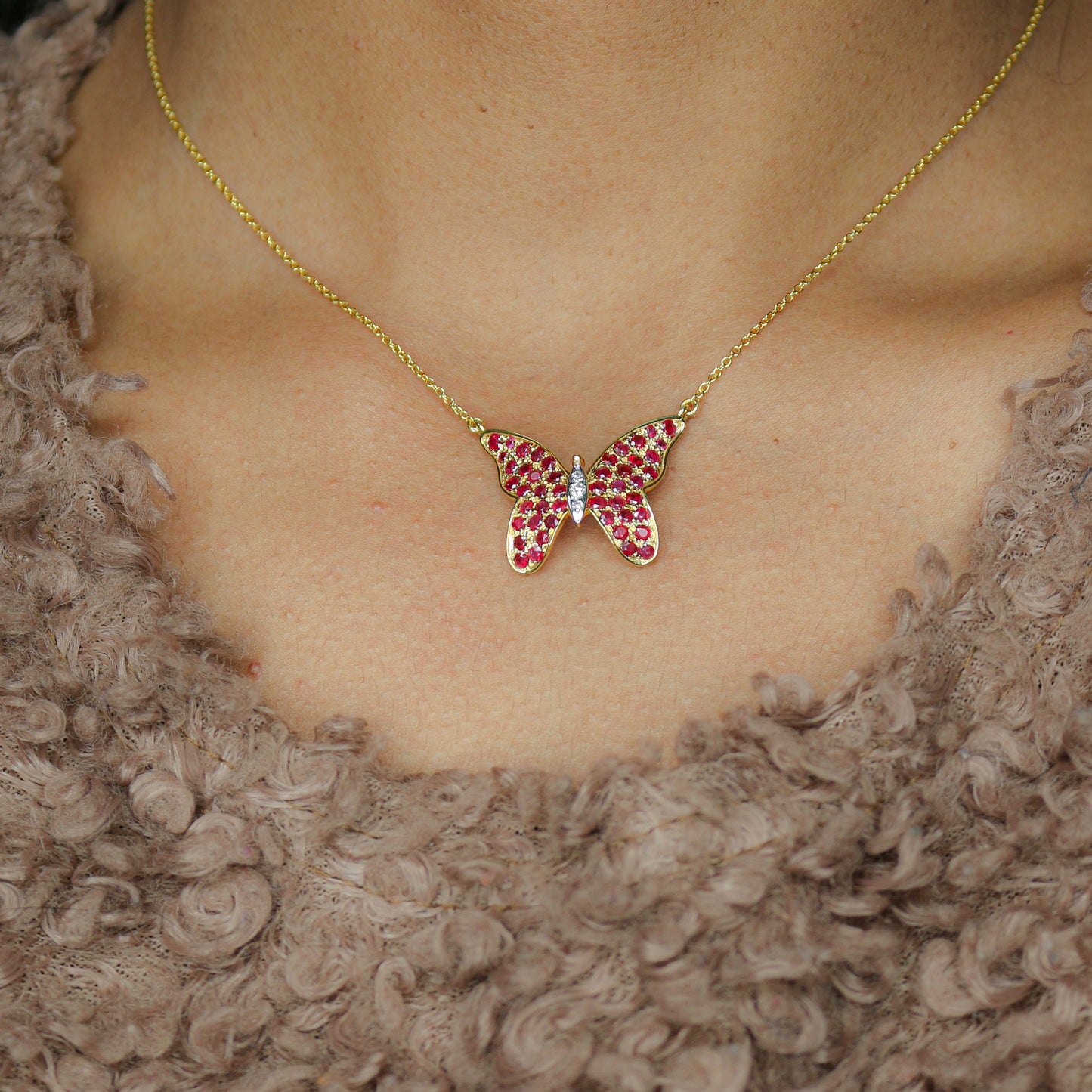 Yellow Gold Ruby and Diamond Butterfly Pendant Necklace