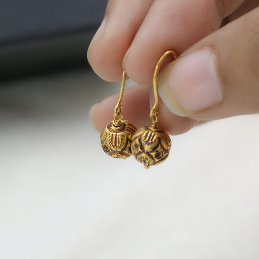 Antiqued Yellow Gold Spherical Drop Earrings