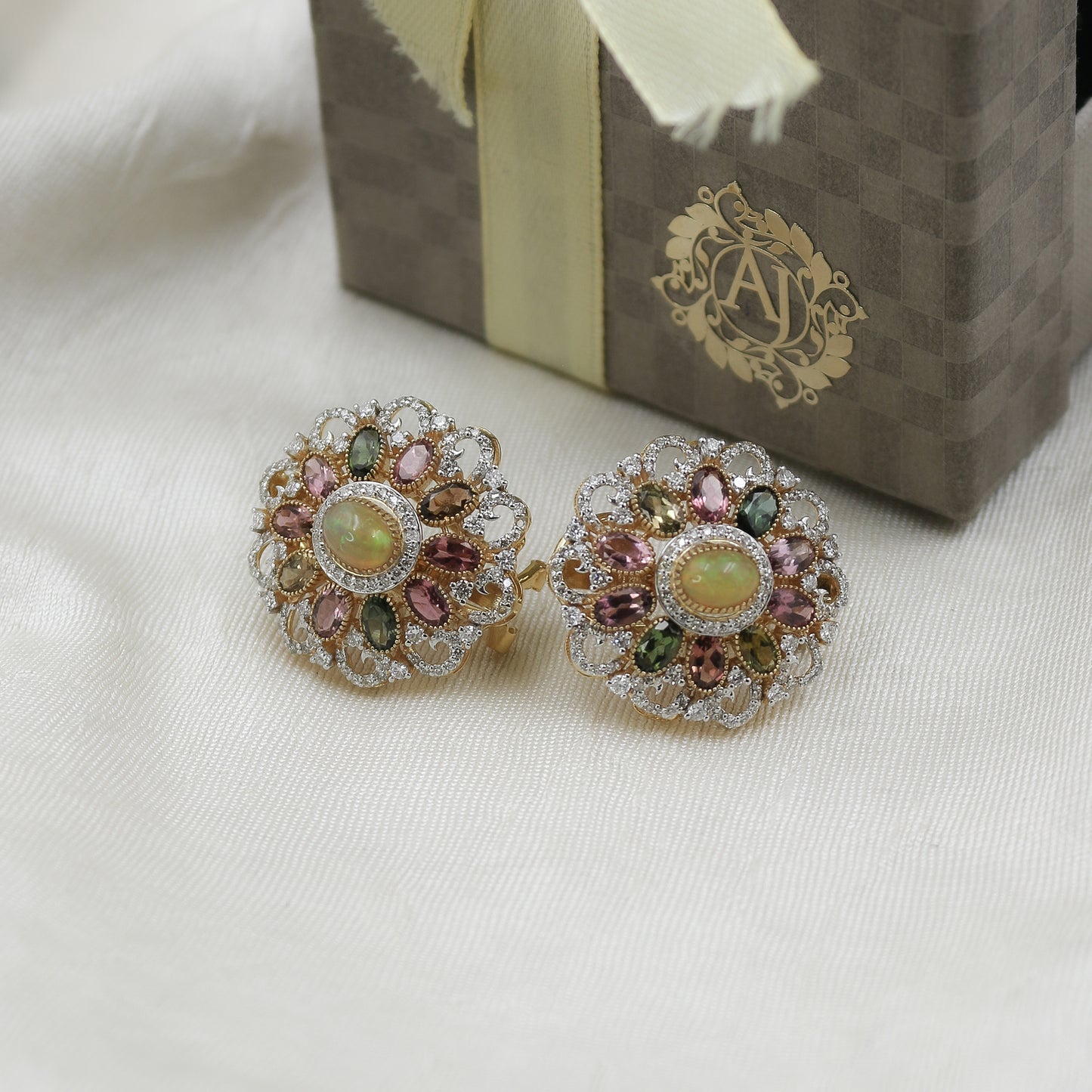 Tourmaline, Opal & Diamond Cluster Earrings