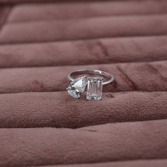 White Gold Emerald and Pear Toi et Moi Diamond Ring