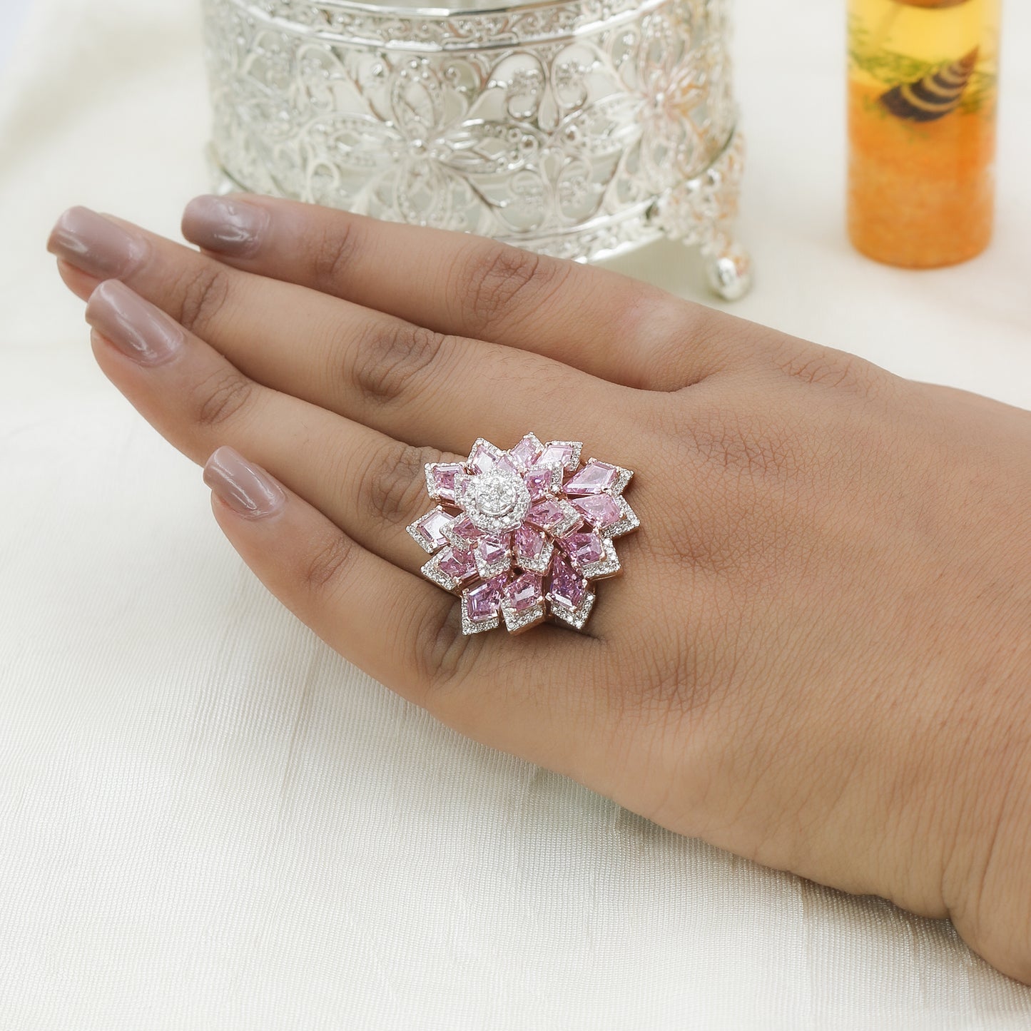 Pink Colorstone & Diamond Floral Statement Ring