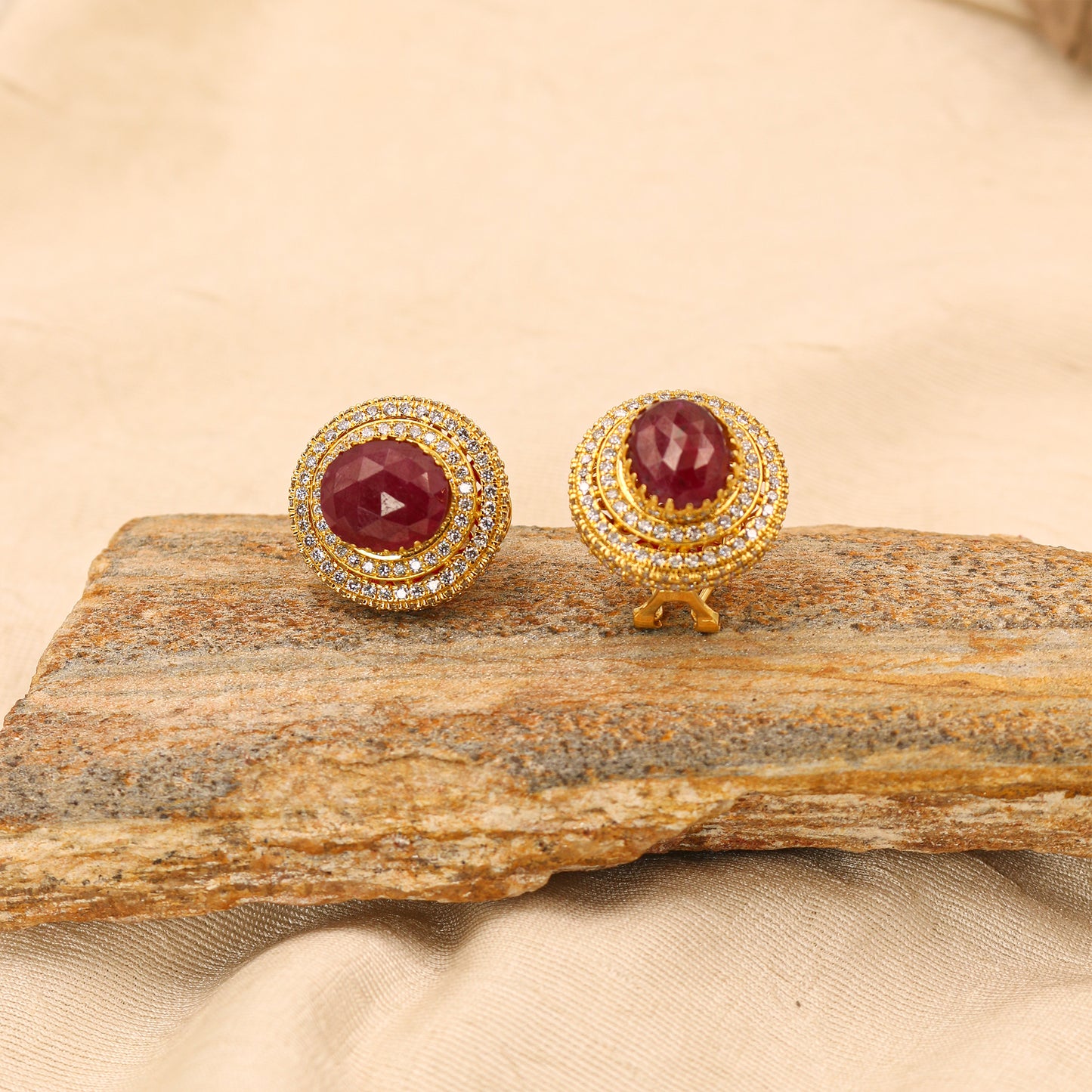 Yellow Gold Cabochon Ruby and Diamond Halo Earrings