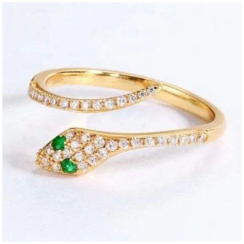 Yellow Gold Pave Diamond Snake Ring with Emerald Eyes