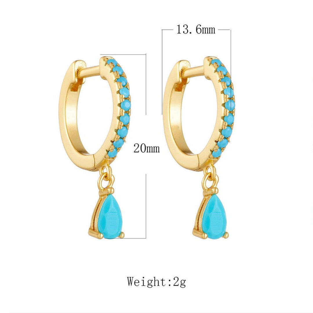 Yellow Gold Huggie Hoop Earrings with Turquoise Drops