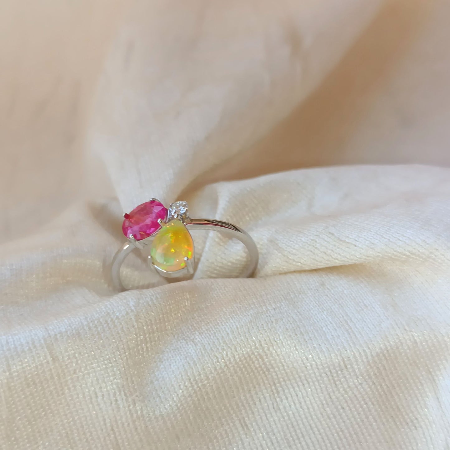 14k White Gold Pear Opal, Oval Ruby & Diamond Ring