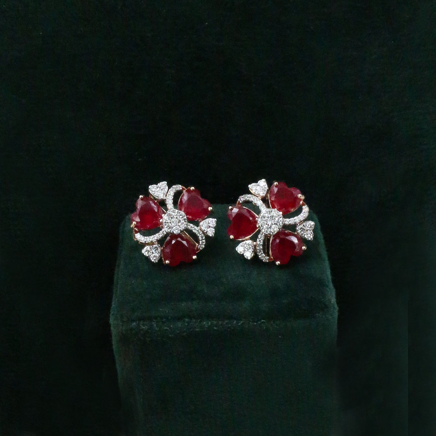 Diamond & Crimson Floral Stud Earrings