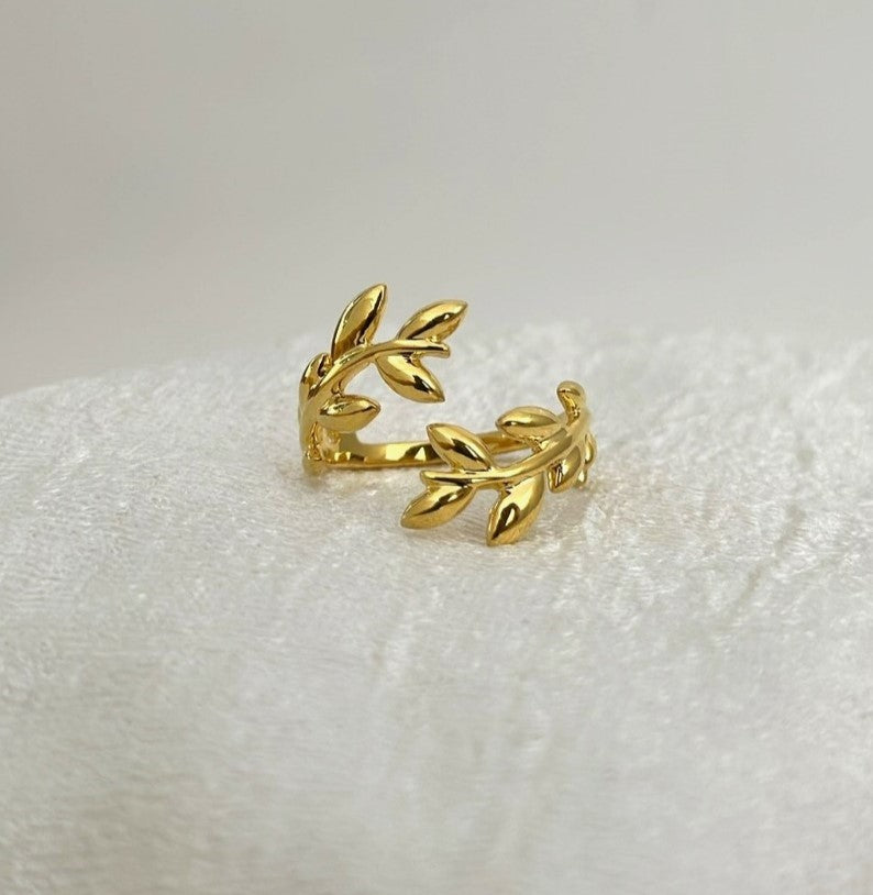 Elegant Golden Olive Leaf Open Cuff Ring