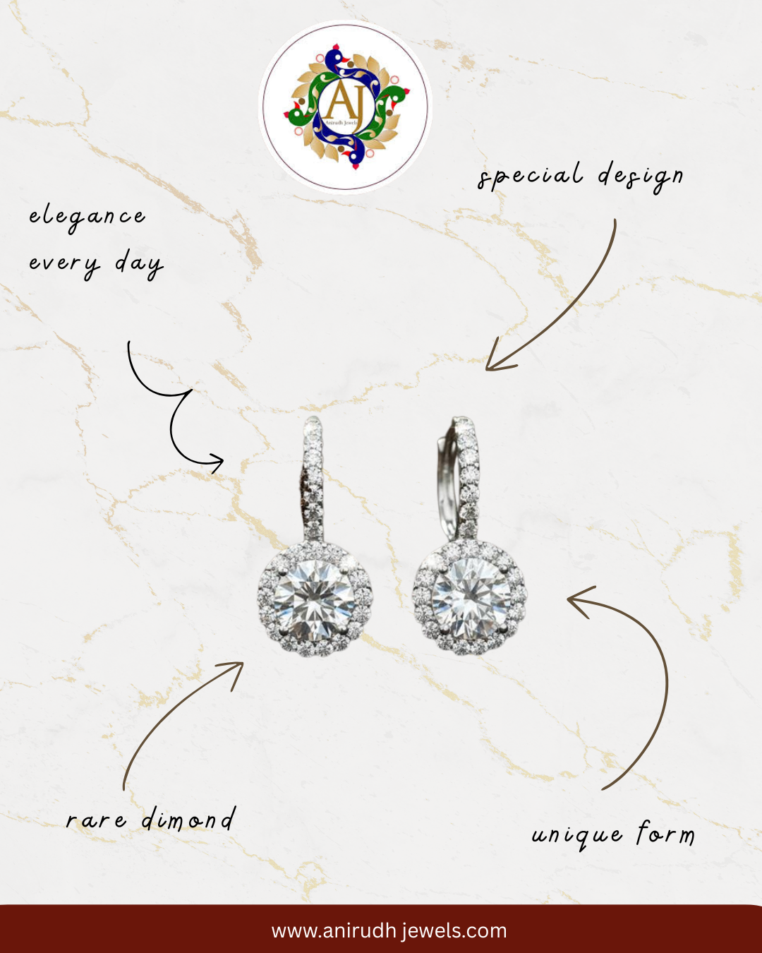 Diamond hoop earrings with rare diamonds, unique form, and elegant special design on marble background