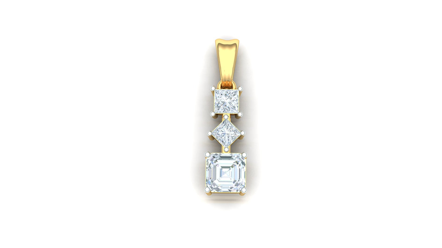 Gold pendant with three diamond stones on a white background
