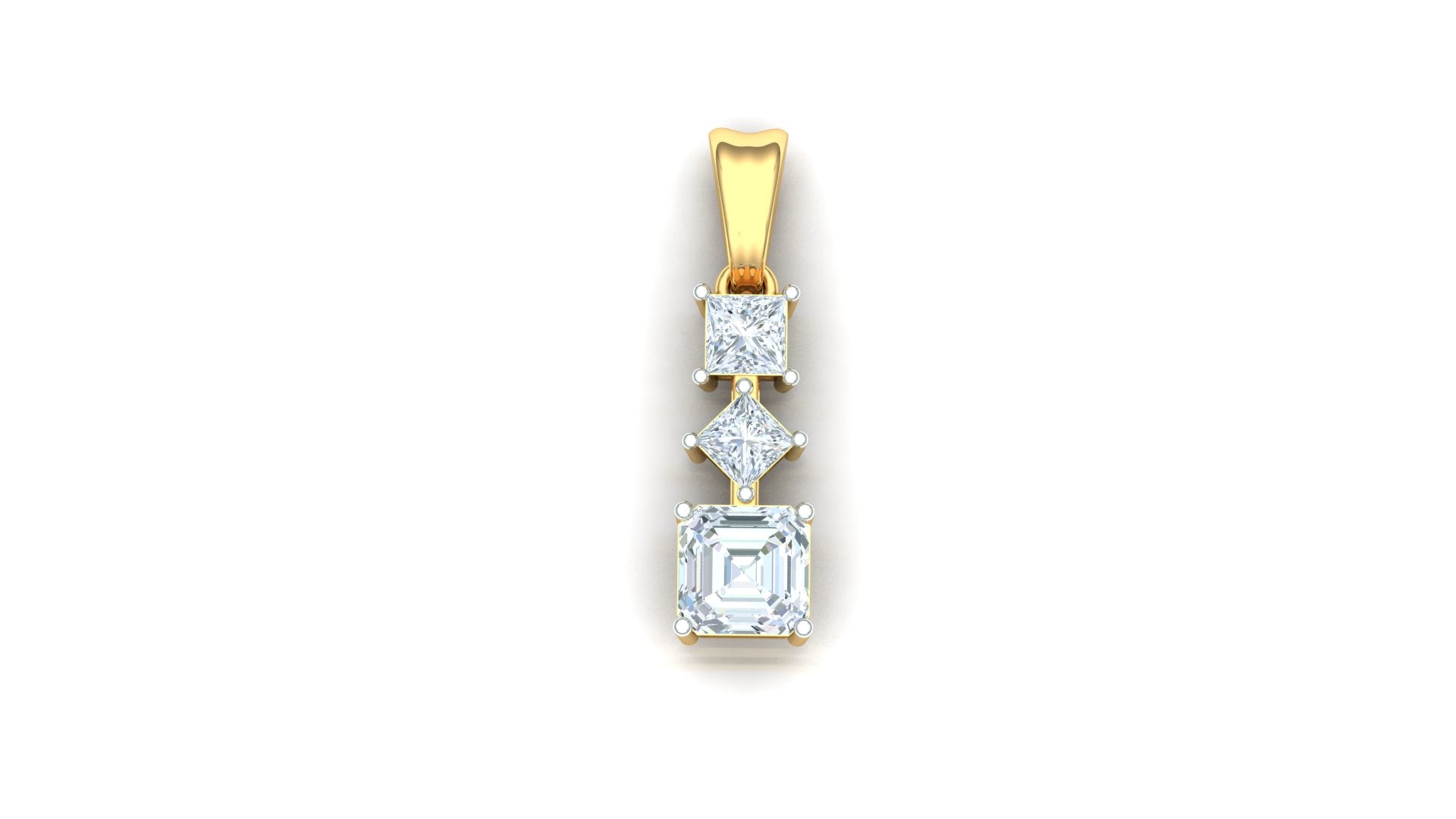 Gold pendant with three diamond stones on a white background