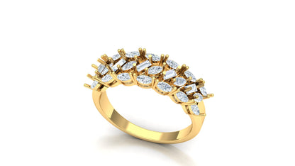 Yellow gold band ring (ST-2463) featuring a row of horizontally set, staggered marquise-shaped CVD diamond clusters in white metal, totaling 0.9 carats.