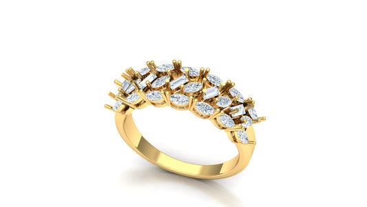 Yellow gold band ring (ST-2463) featuring a row of horizontally set, staggered marquise-shaped CVD diamond clusters in white metal, totaling 0.9 carats.