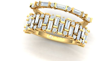 Gold ring with baguette-cut diamonds on a white background