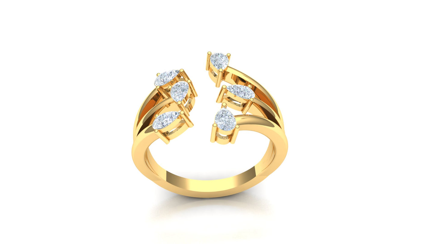 Yellow Gold Open Bypass Ring with Diamond Clusters