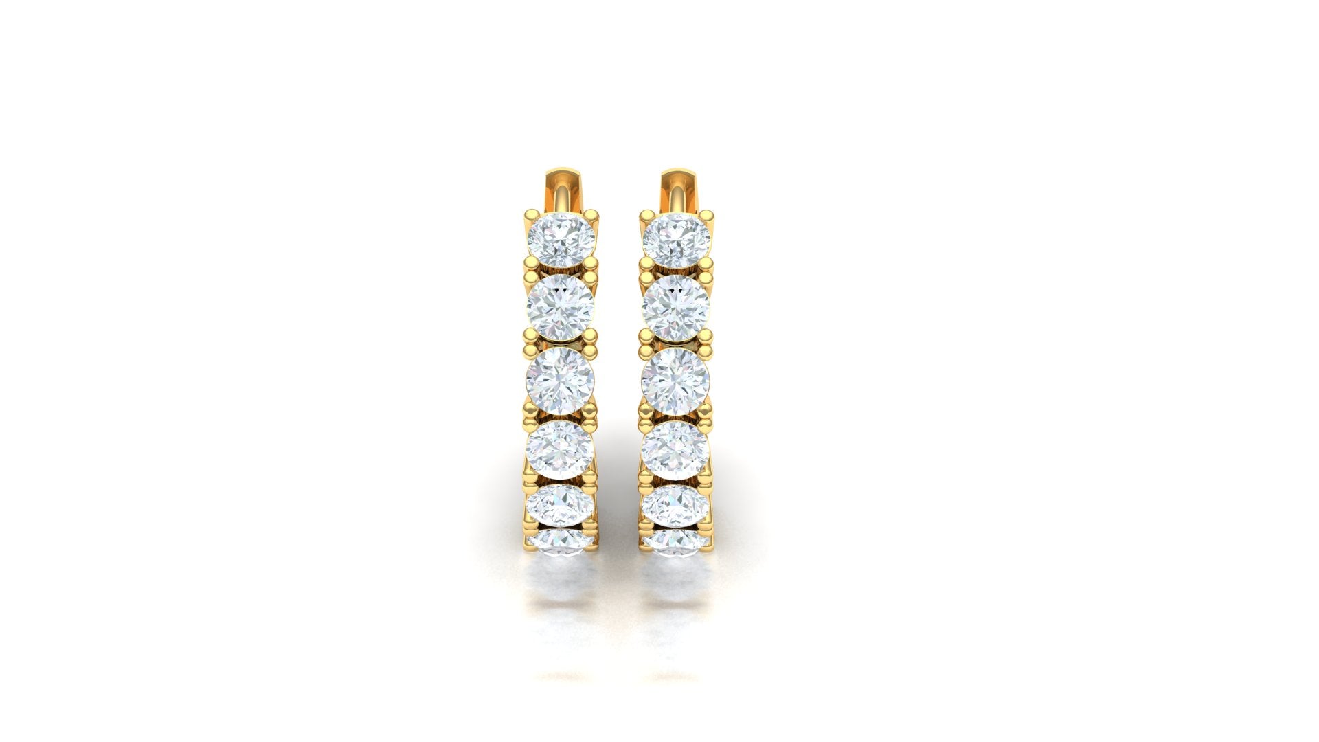 Gold hoop earrings with embedded diamonds on a white background