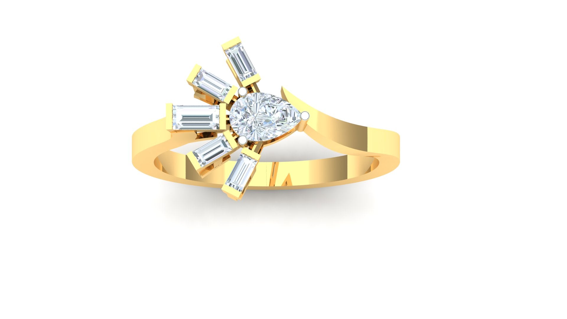 Gold ring with a diamond and baguette-cut gemstones on a white background