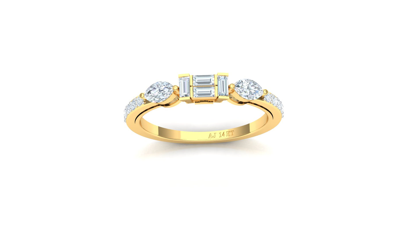 Yellow Gold Diagonal Three-Stone Diamond Cluster Ring