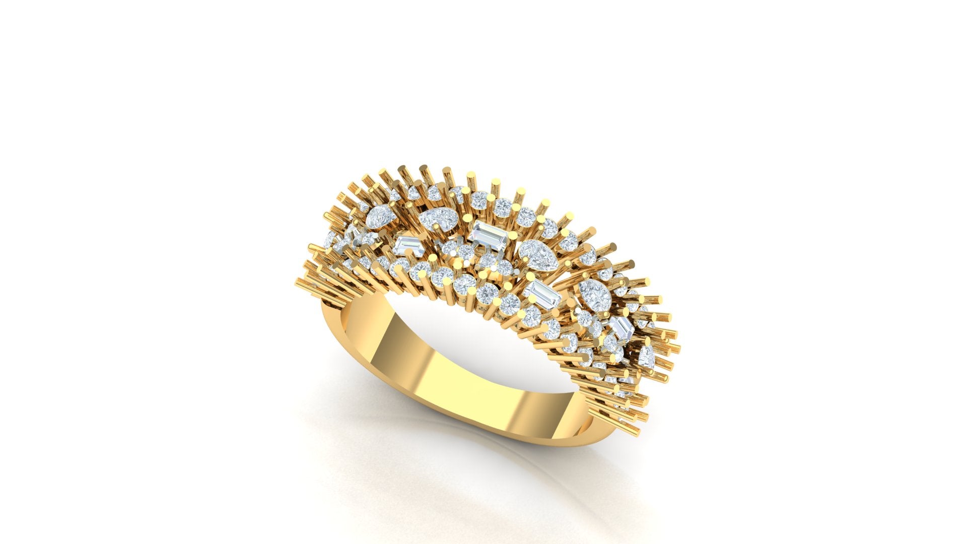 Wide yellow gold statement ring (ST-2465) featuring multiple horizontal rows of channel-set CVD diamonds. The ring is designed with alternating rows of white metal diamond settings and polished yellow gold bars for a tiered, architectural effect, totaling 1.16 carats.