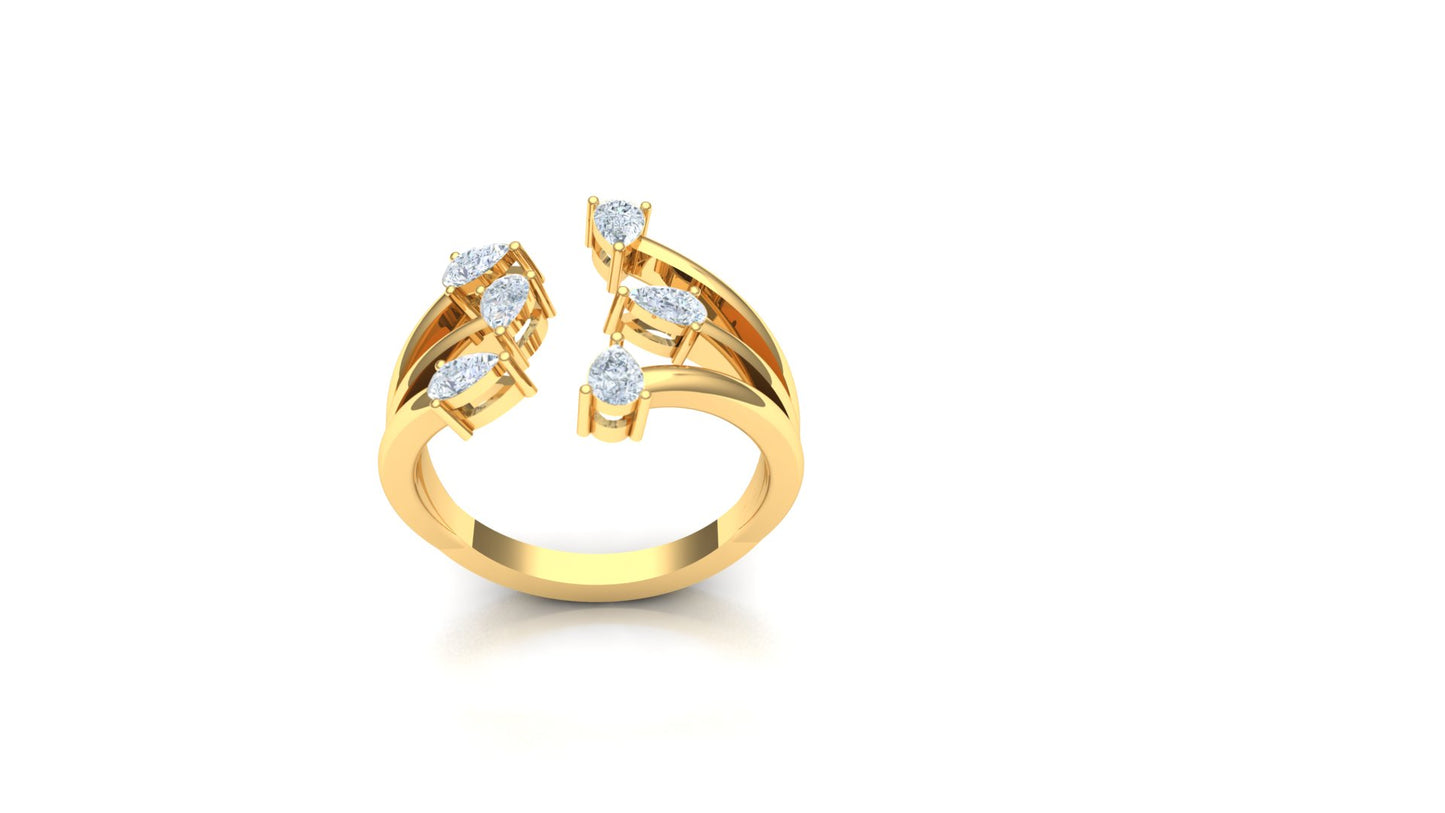 Yellow Gold Open Bypass Ring with Diamond Clusters