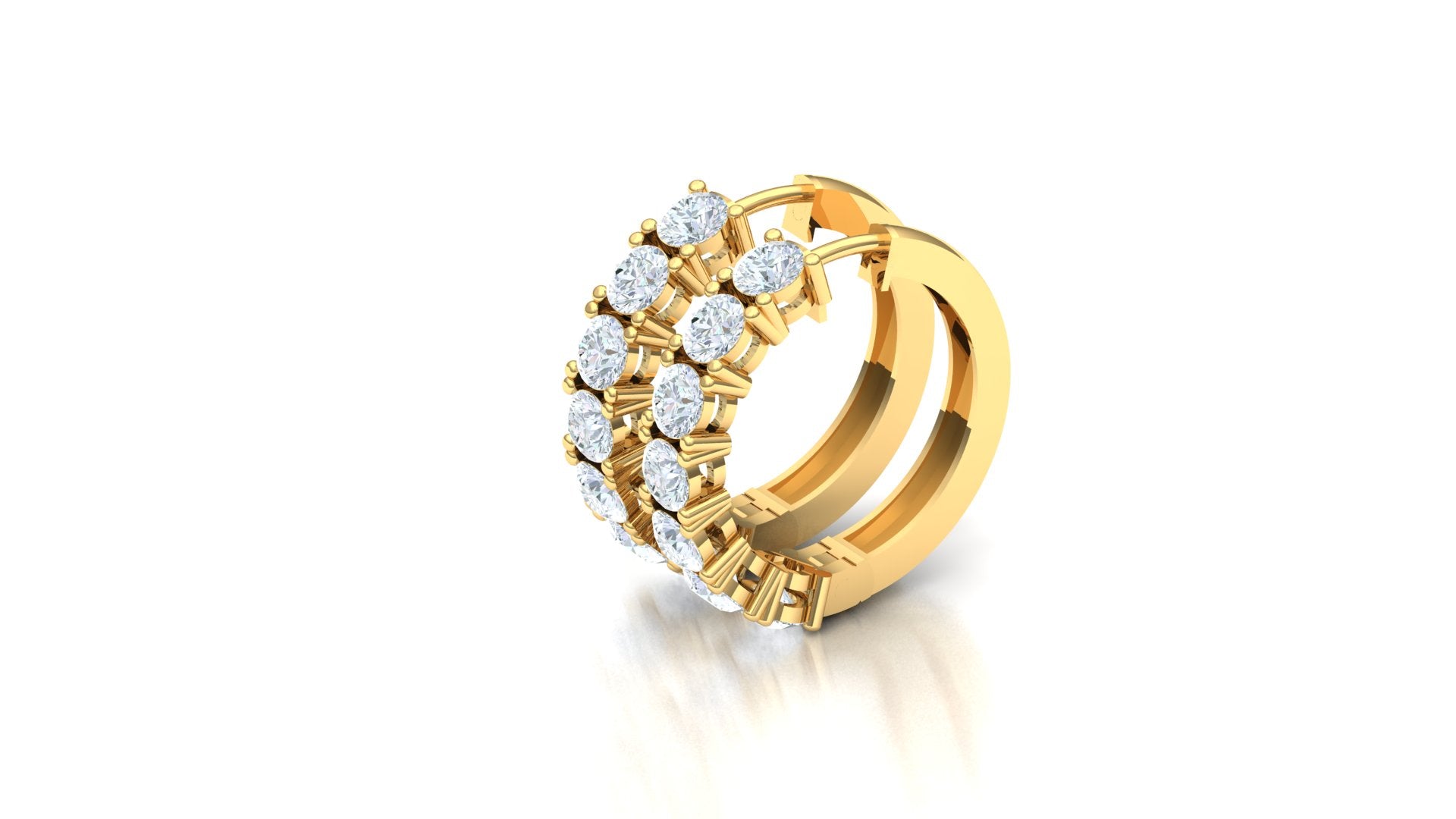 Gold hoop earring with embedded diamonds on a white background