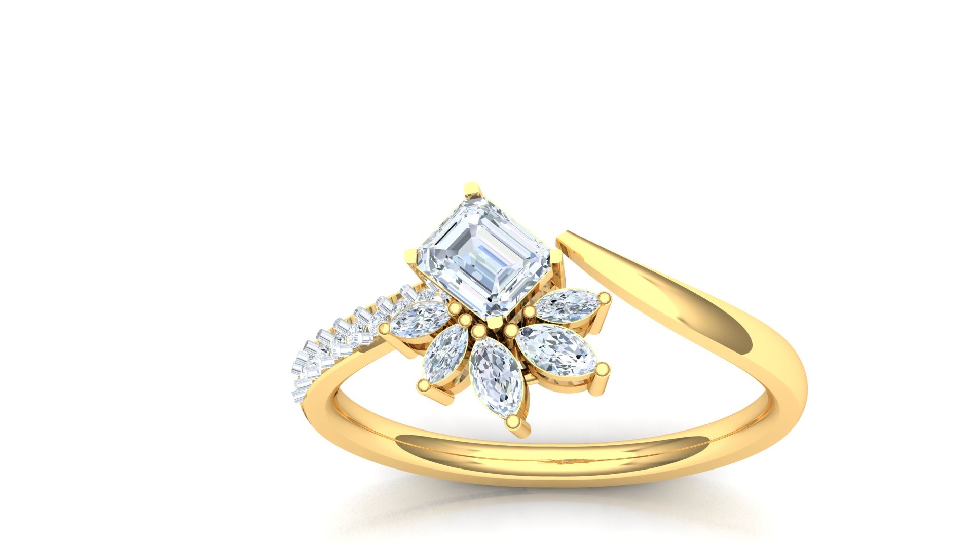 Gold ring with diamonds on a white background