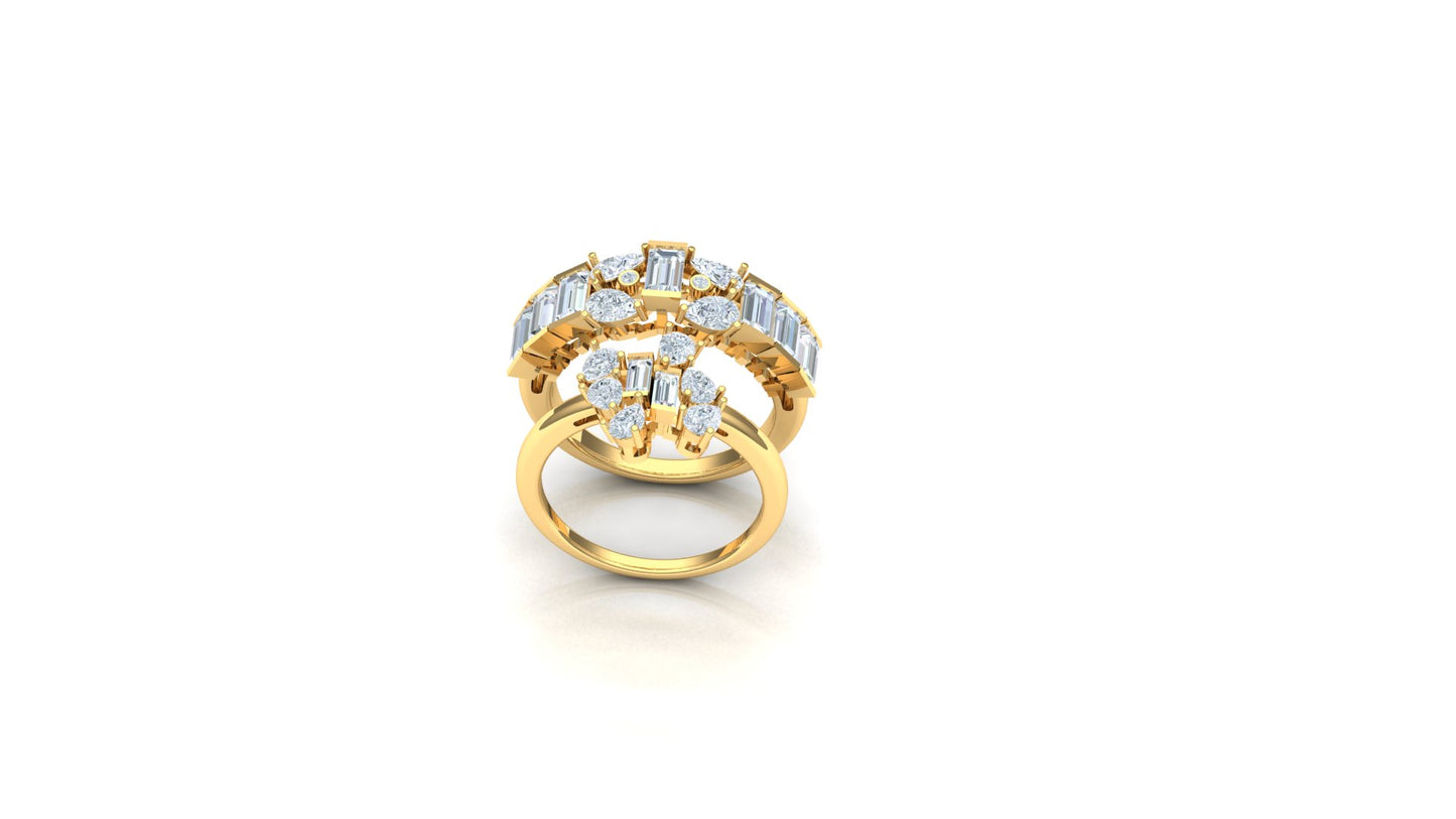 Gold ring with diamond accents on a white background