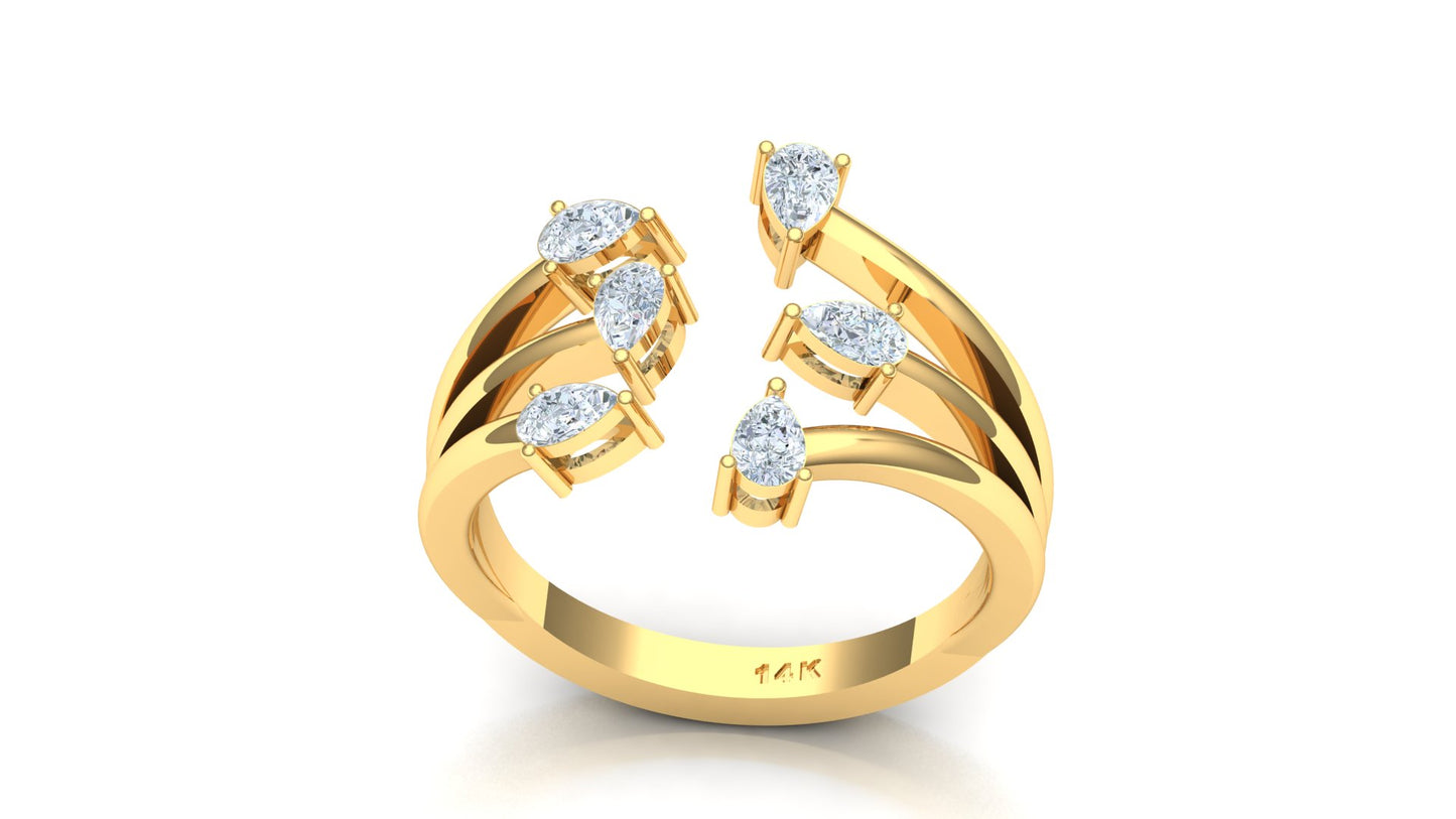 Yellow Gold Open Bypass Ring with Diamond Clusters