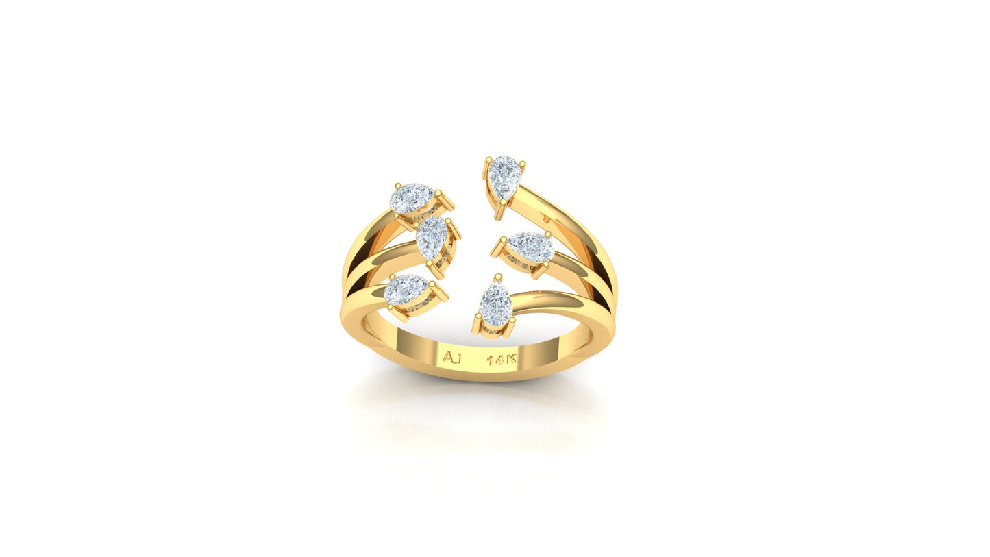 Yellow Gold Open Bypass Ring with Diamond Clusters