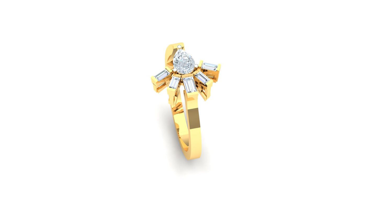 Gold ring with diamond accents on a white background