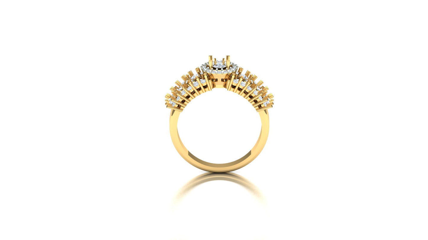 Wide yellow gold statement ring (ST-2464) featuring an open, tiered, V-shaped design. The top section is composed of a central halo cluster flanked by two tiered rows of channel-set CVD diamonds set in white metal accents (inferred), totaling 1.08 carats.