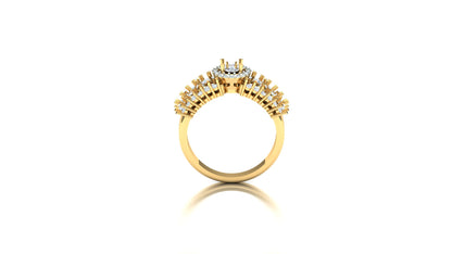 Wide yellow gold statement ring (ST-2464) featuring an open, tiered, V-shaped design. The top section is composed of a central halo cluster flanked by two tiered rows of channel-set CVD diamonds set in white metal accents (inferred), totaling 1.08 carats.