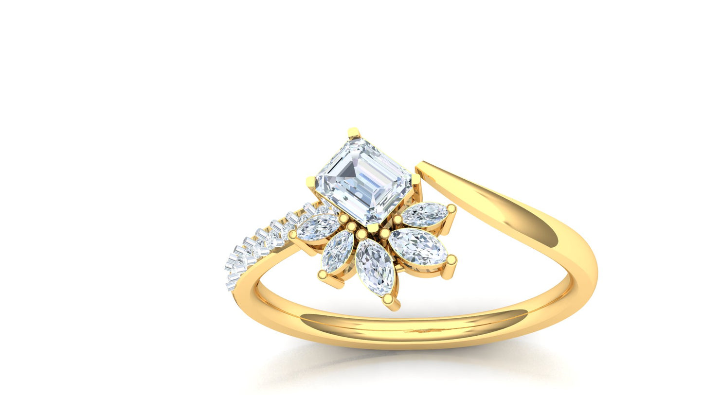 Yellow Gold Floral Diamond Cluster Bypass Ring