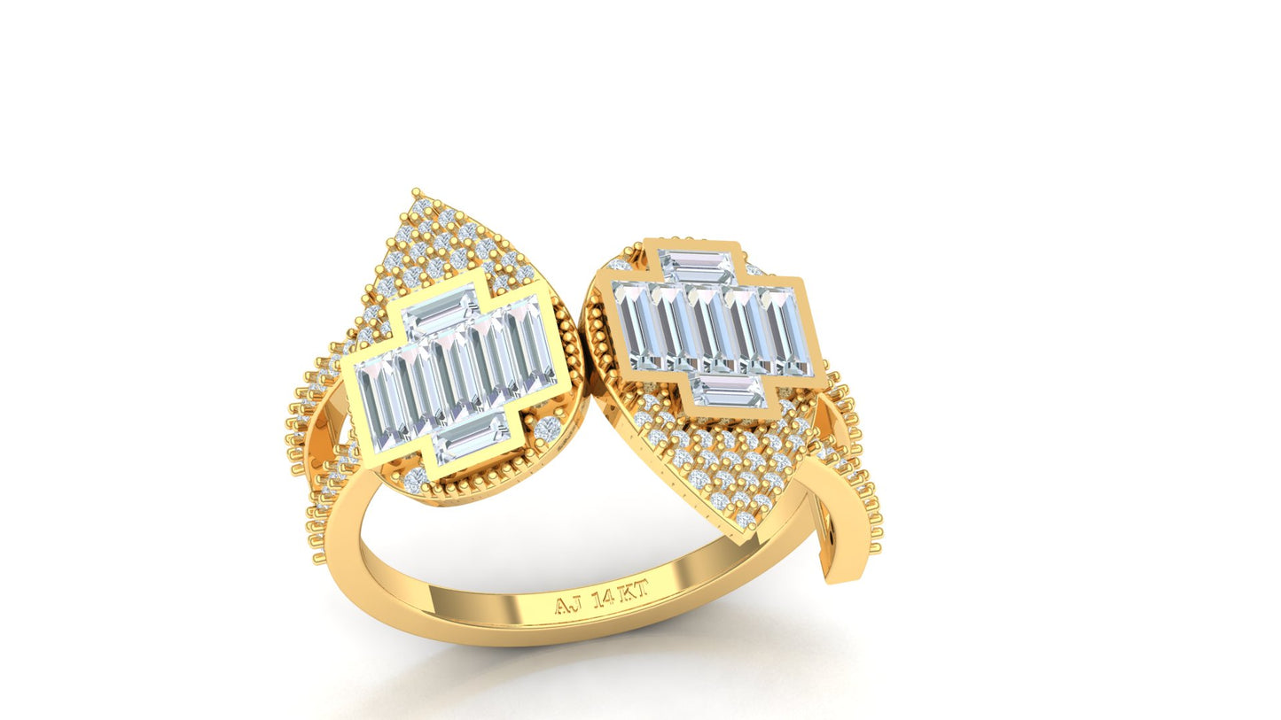 Gold ring with emerald-cut gemstones on a white background