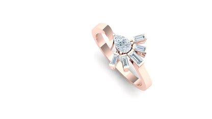 Rose gold ring with a diamond and baguette stones on a white background