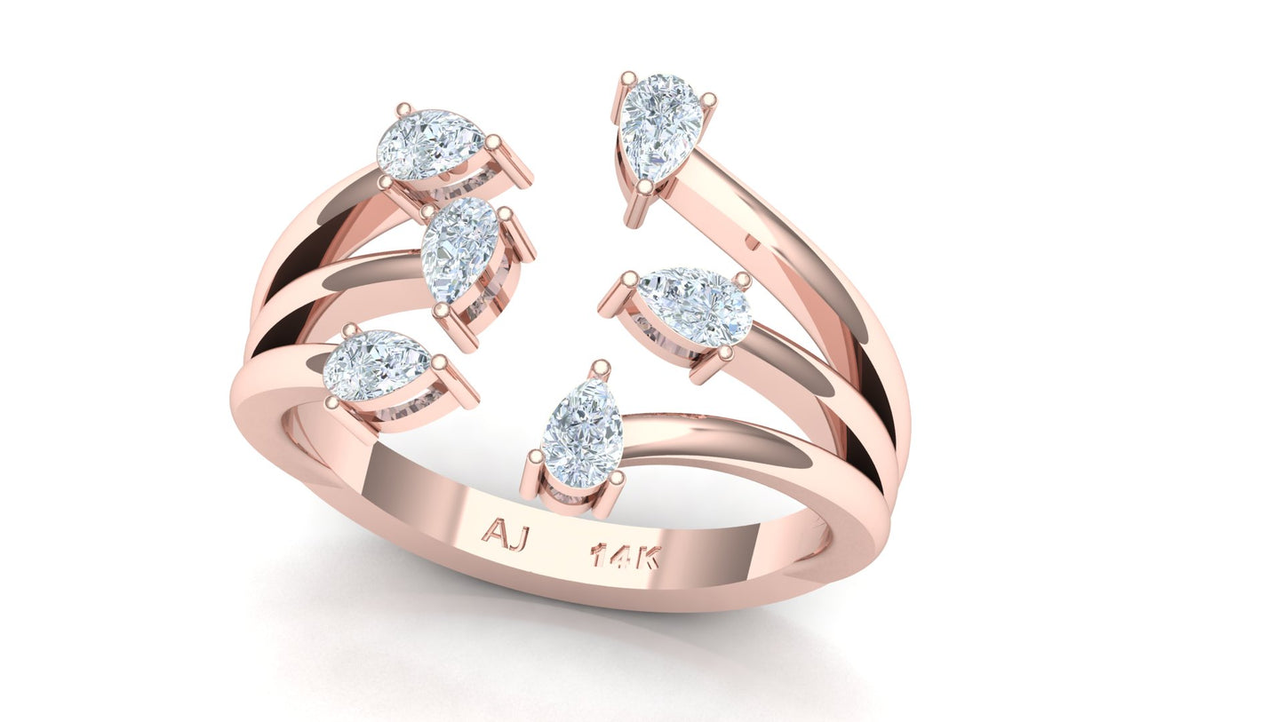 Yellow Gold Open Bypass Ring with Diamond Clusters