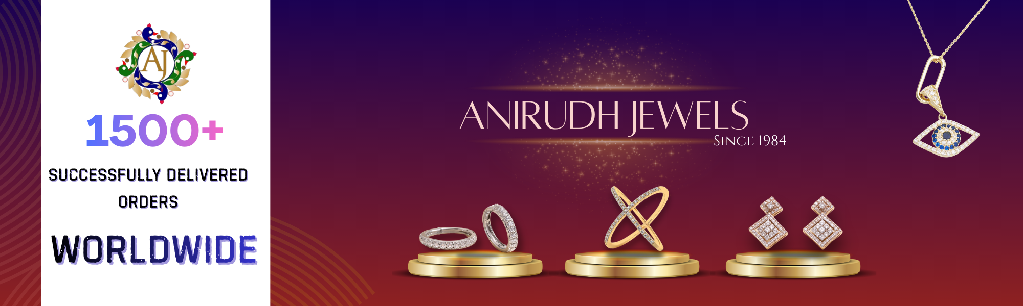 Anirudh Jewels advertisement with jewelry items and brand logo on a purple background