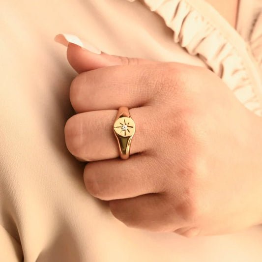 Yellow Gold Compass Rose Diamond Signet Ring